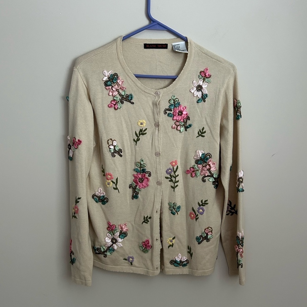 Vintage Ribbon Floral Embroidered Cardigan Size XS